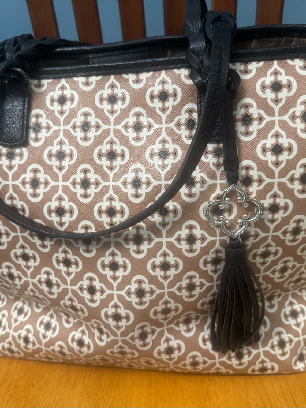 BRIGHTON Araceli Carry-all Brown and Cream Patterned Tote Bag with Tassel - Picture 11 of 12